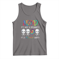 Heather gray ADHD awareness tank top with colorful skull text graphic