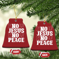 Red bell-shaped Christmas ornaments with white “KNOW JESUS KNOW PEACE” text, gold hanging strings.