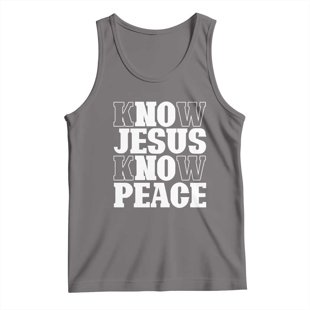 Dark gray tank top with 'KNOW JESUS KNOW PEACE' front graphic