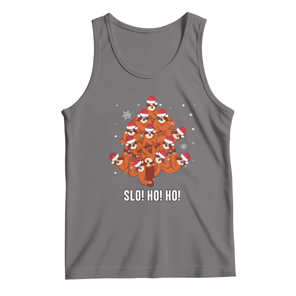 Gray kids tank top with sloth Santa graphic, 'SLO! HO! HO!'