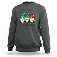 Dark heather crewneck sweatshirt with gnome graphic and "It's fine" "Everything is fine" text