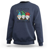 Navy crewneck sweatshirt with colorful gnome graphic and "It's fine" "Everything is fine" text