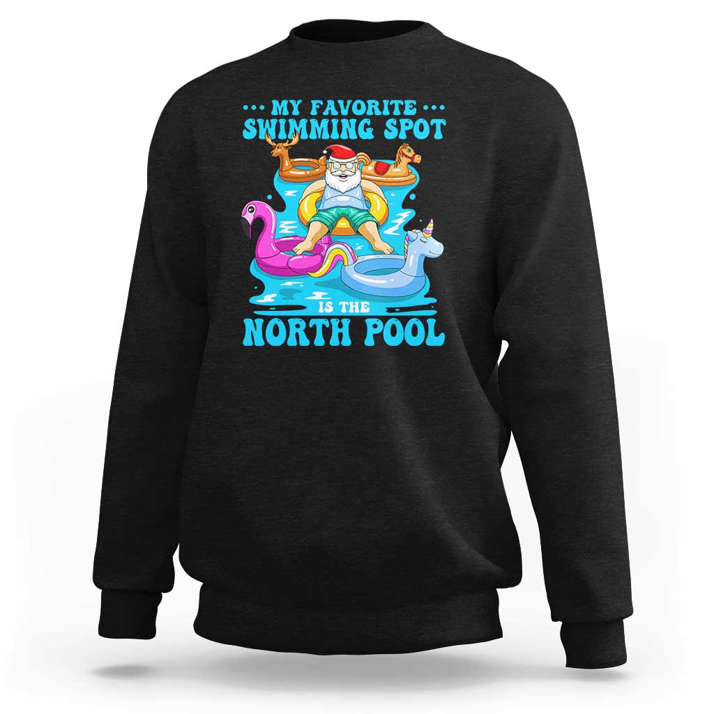 Black crewneck sweatshirt with Santa pool graphic and “North Pool” text