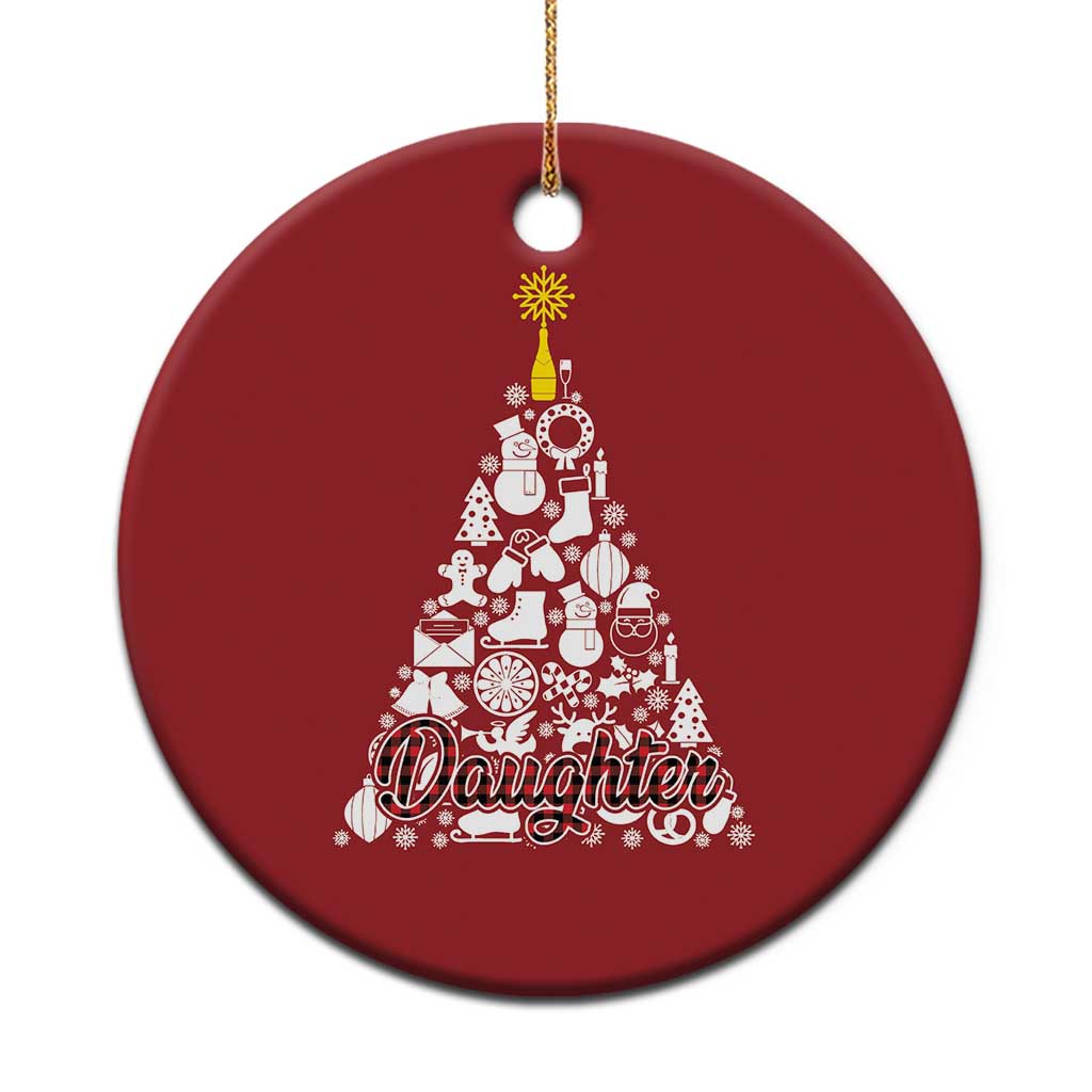 Red round Christmas ornament with white tree illustration and "Daughter" text