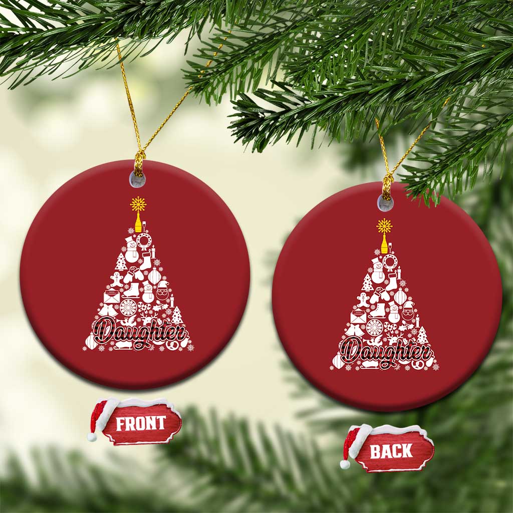 Two red round Christmas ornaments with white tree design; gold hooks, front and back labels