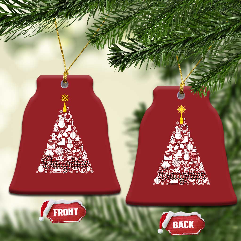 Two red bell-shaped Christmas ornaments with white tree design and "Daughter" text
