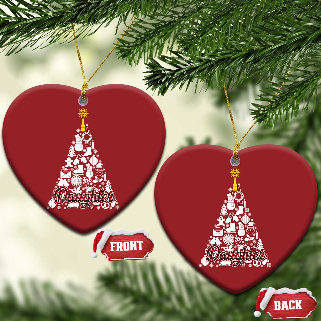 Two red heart-shaped Christmas ornaments with white tree graphic and "Daughter" text