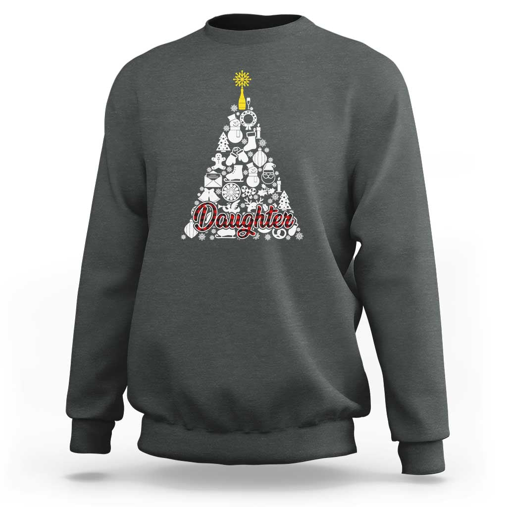 Dark heather kids sweatshirt with white Christmas tree graphic and red “Daughter” text