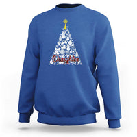 Royal blue kids sweatshirt with white Christmas tree graphic and red “Daughter” text