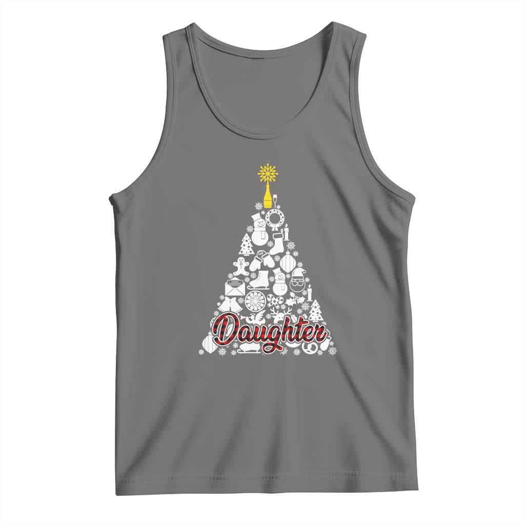 Kids' dark gray Christmas tree graphic tank top with 'Daughter' text