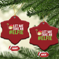 Red snowflake-shaped elf selfie Christmas ornament, 'LET ME TAKE AN #ELFIE' text