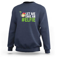 Navy crewneck sweatshirt with 'Let Me Take an #Elfie' front graphic.