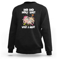 Black crewneck sweatshirt with funny Santa graphic and bold 'HO HO HOLY SHIT' text