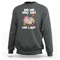 Dark heather crewneck sweatshirt with funny Santa graphic and bold 'HO HO HOLY SHIT' text
