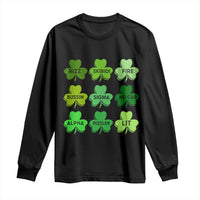 Black long-sleeve T-shirt with green clover graphic and text