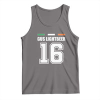 Dark heather tank top with scoop neck and 'GUS LIGHTBEER 16' front print