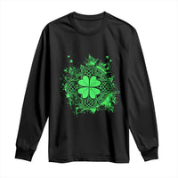 Black long sleeve T-shirt with green shamrock and Celtic cross graphic on front