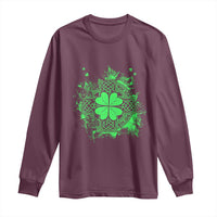 Maroon long sleeve T-shirt with green shamrock and Celtic cross graphic on front