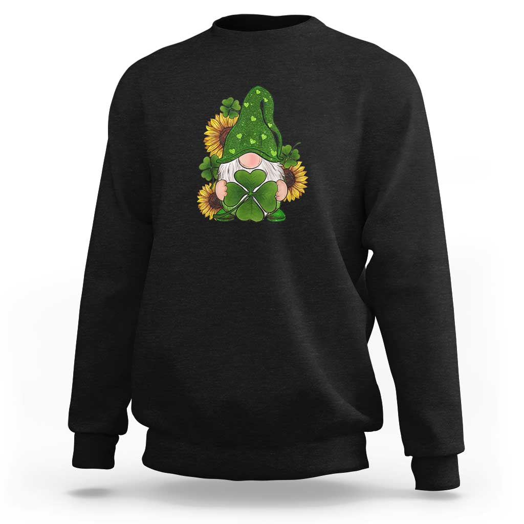Black St Patrick's Day gnomes sweatshirt with green shamrock sunflower graphic.