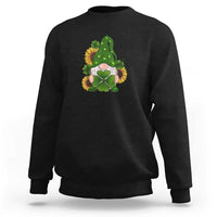 Black St Patrick's Day gnomes sweatshirt with green shamrock sunflower graphic.