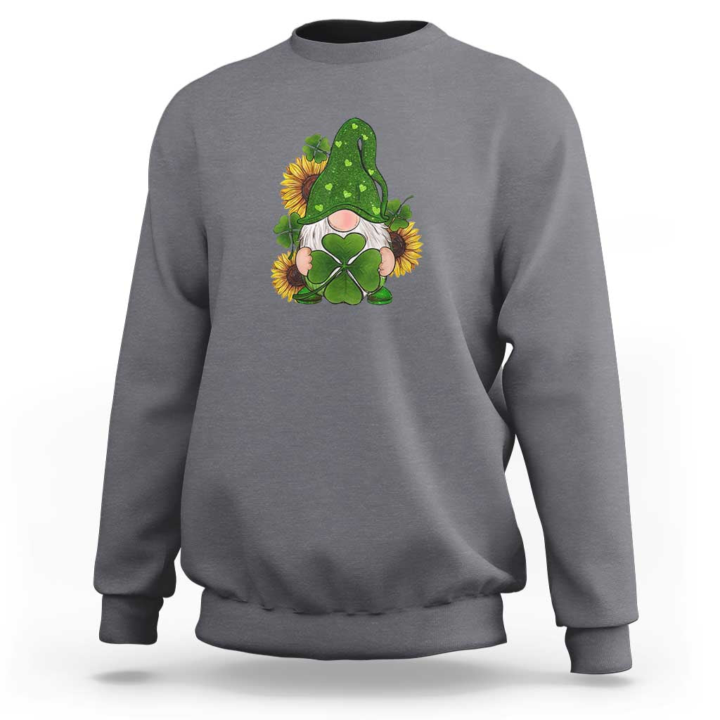 Dark heather gray St Patrick's Day gnomes sweatshirt with green shamrock sunflower graphic.
