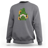 Dark heather gray St Patrick's Day gnomes sweatshirt with green shamrock sunflower graphic.