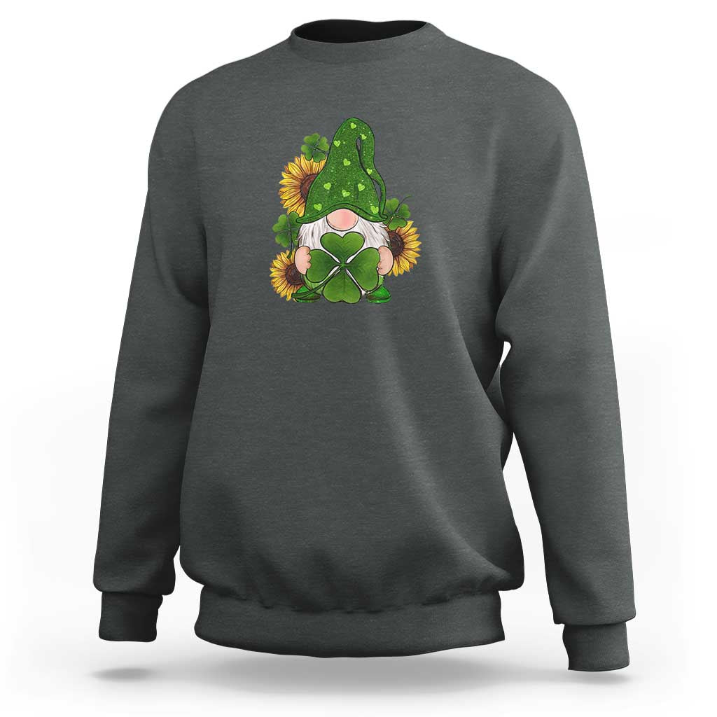 Charcoal gray St Patrick's Day gnomes sweatshirt with green shamrock sunflower graphic.