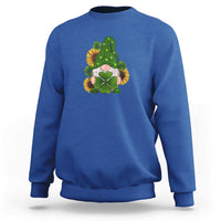 Royal blue St Patrick's Day gnomes sweatshirt with green shamrock sunflower graphic.