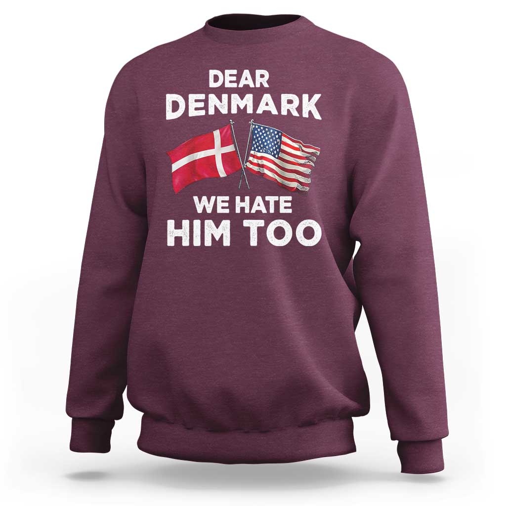 Dear Denmark We Hate Him Too Sweatshirt Funny Political Satire with US and Danish Flags