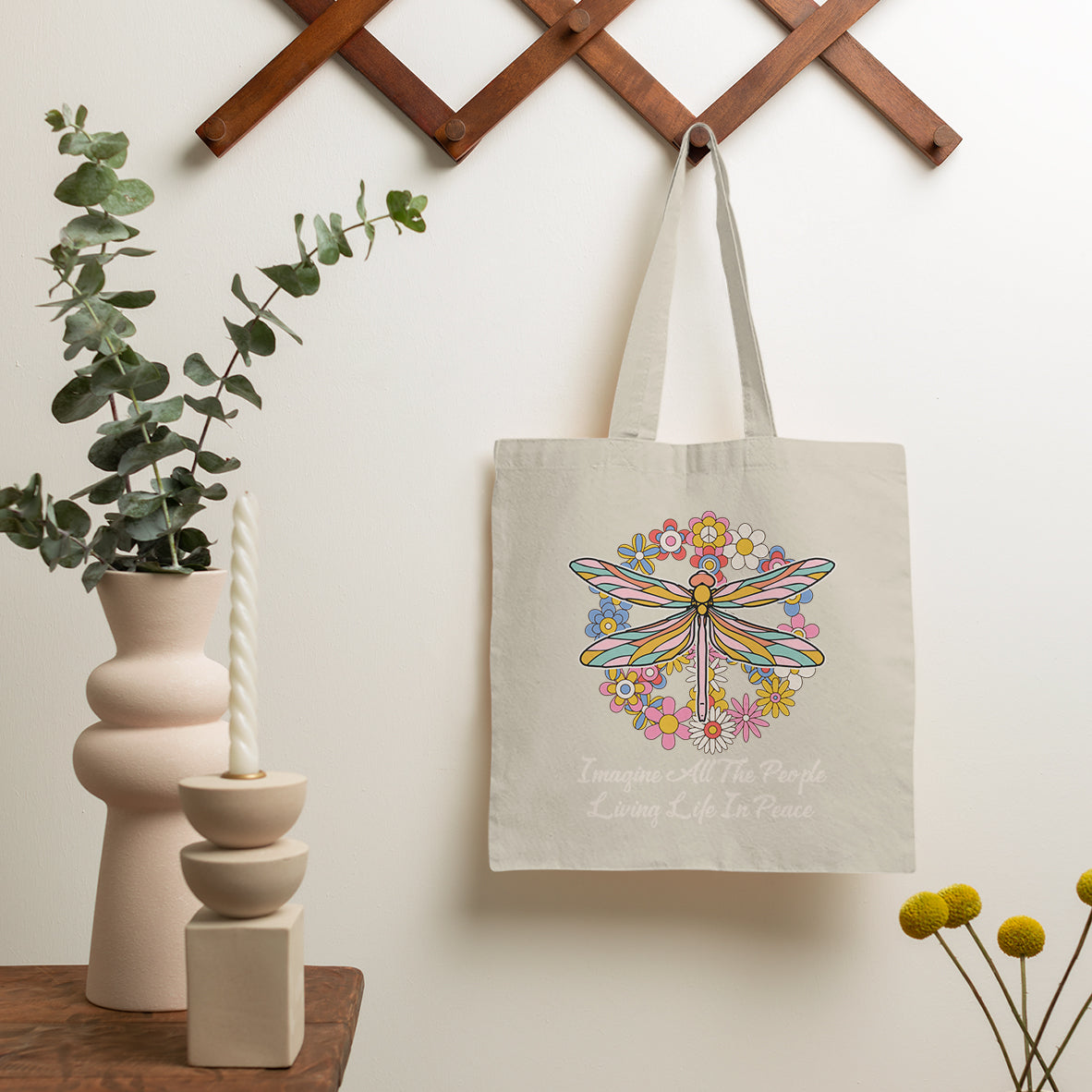 Imagine All the People Living in Peace Tote Bag, Dragonfly Tote Bag, Hippie Tote Bag, Boho Style, Hippie Music Lover 70's Retro Tote Bag - Wonder Print Shop