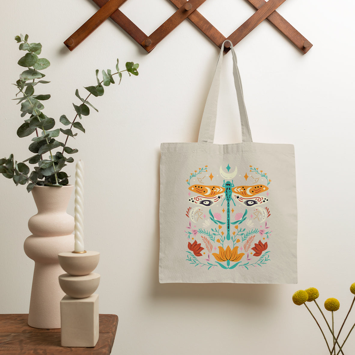 Floral Boho Dragonfly Tote Bag for Women, Scandinavian Botanical Tote Bag, Dragonfly Tote Bag, Dragonfly Gift, Nature Lover Gift Tote Bag - Wonder Print Shop