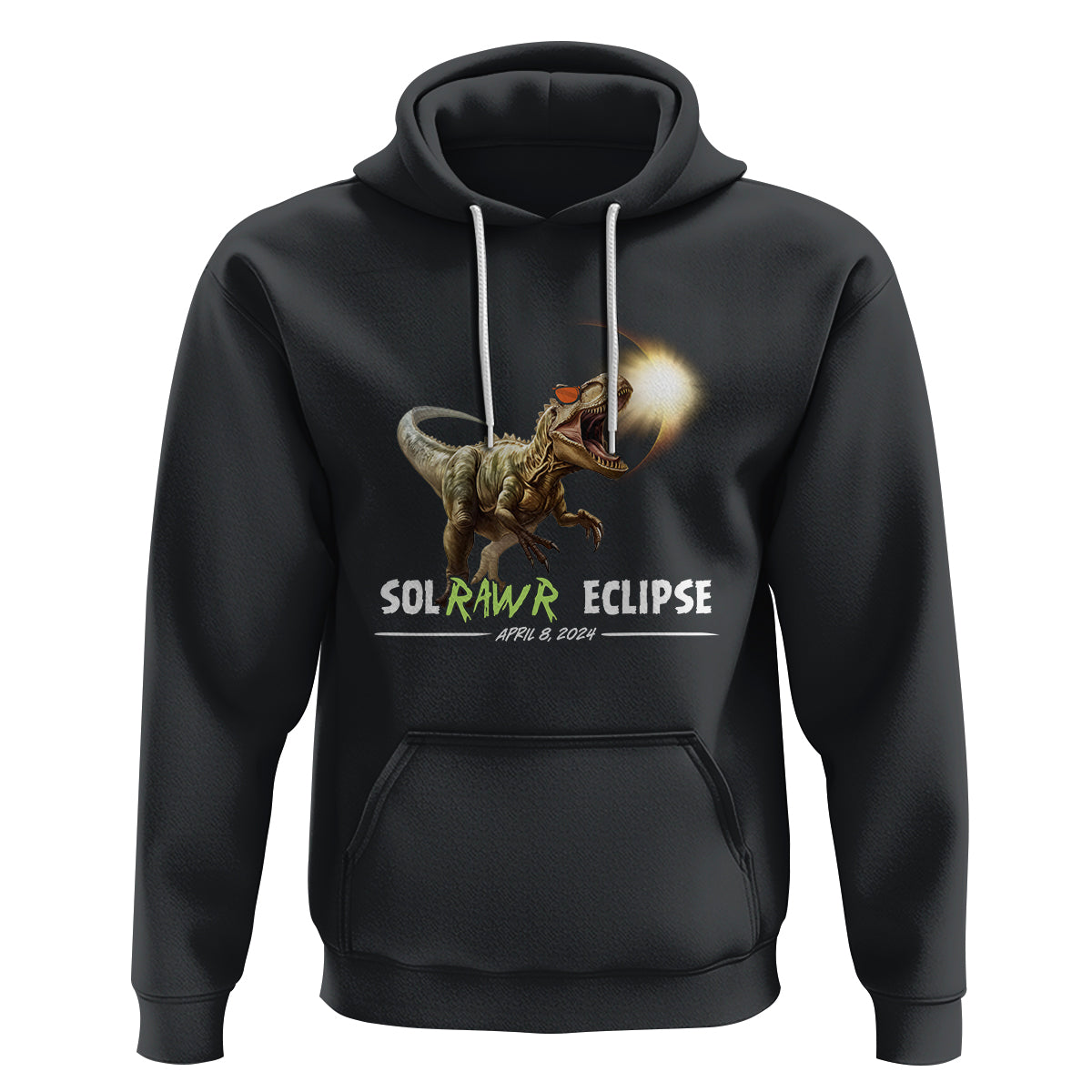 Black dinosaur graphic hoodie with front pocket and drawstring hood
