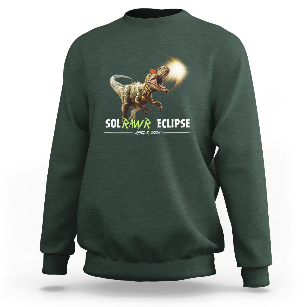 Dark forest green dinosaur eclipse sweatshirt with front graphic, crewneck long sleeves