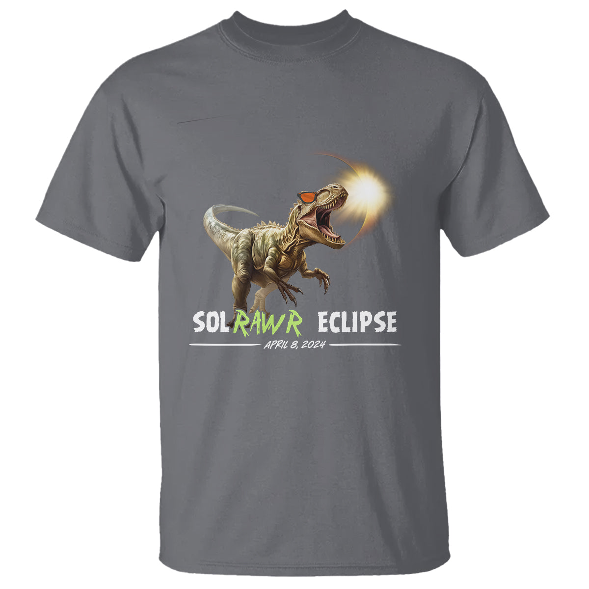 Dinosaur solar eclipse T-shirt, purple with dinosaur artwork and “SOLRAWR ECLIPSE” text