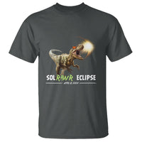 Dinosaur solar eclipse T-shirt, charcoal gray with dinosaur artwork and “SOLRAWR ECLIPSE”