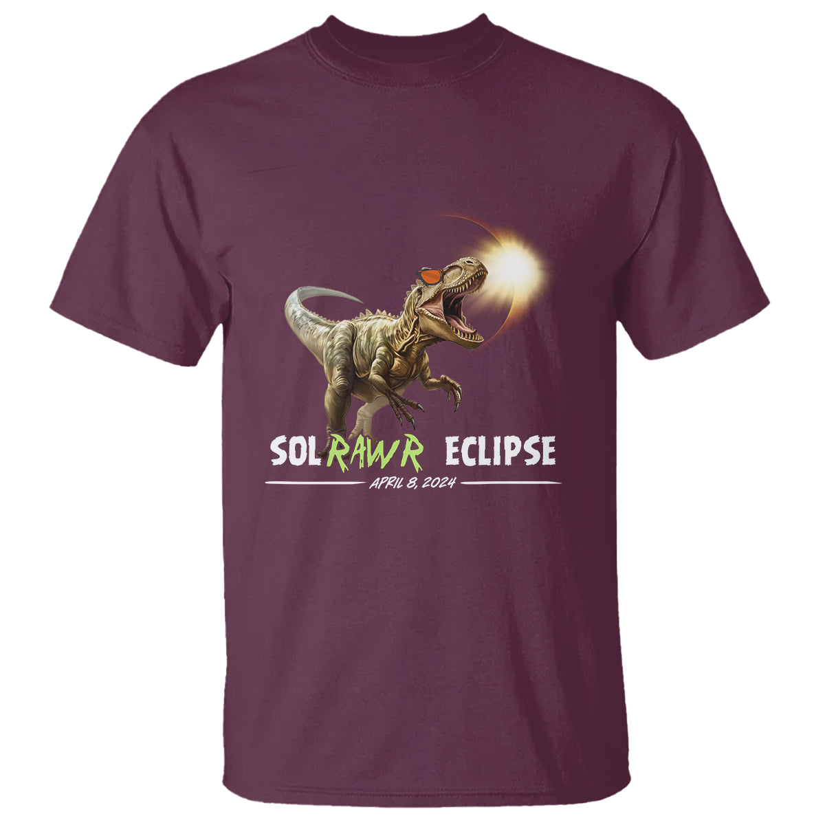Dinosaur solar eclipse T-shirt, maroon with dinosaur graphic and “SOLRAWR ECLIPSE” text