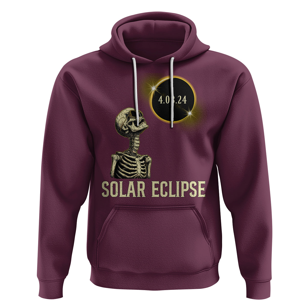 Maroon pullover hoodie with hood, front pocket, and solar eclipse skeleton graphic