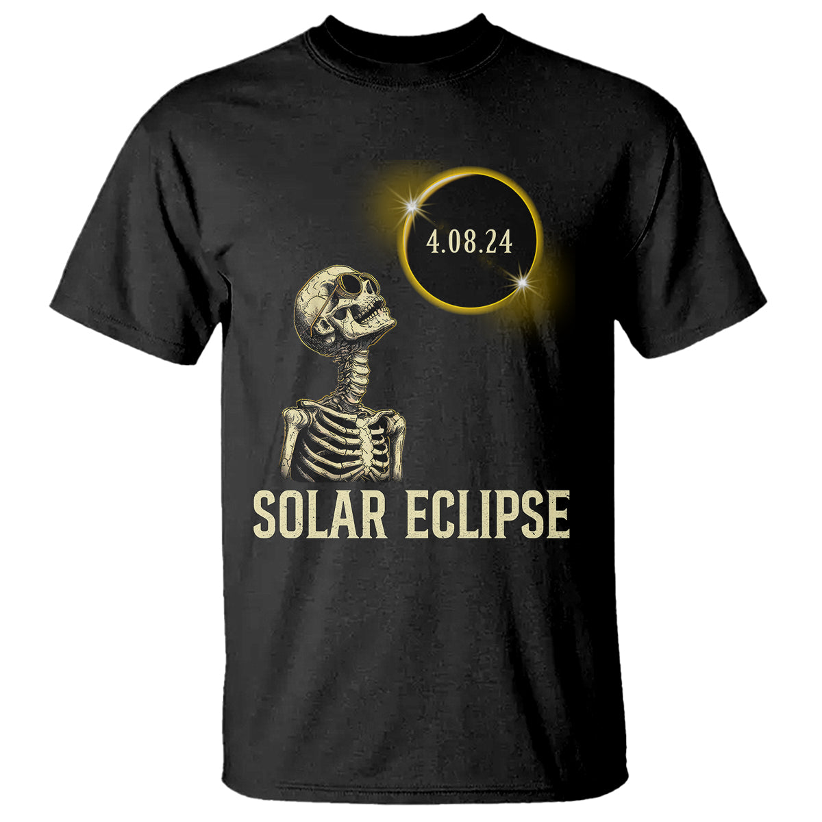 Black crewneck T-shirt featuring a solar eclipse circle and skeleton “SOLAR ECLIPSE”