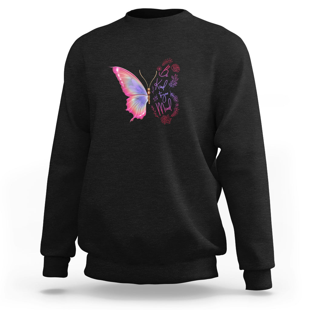Black crewneck sweatshirt with colorful butterfly and script graphic