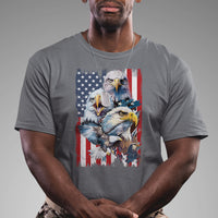 Men's graphic T-shirt in charcoal gray with bald eagle and American flag-style print on front.