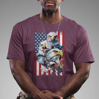 Men's graphic T-shirt in maroon with bald eagle and American flag-style print on front.