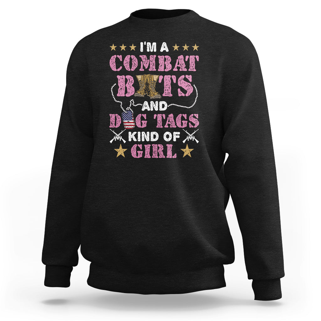 Black women's sweatshirt with combat boots and dog tags graphic