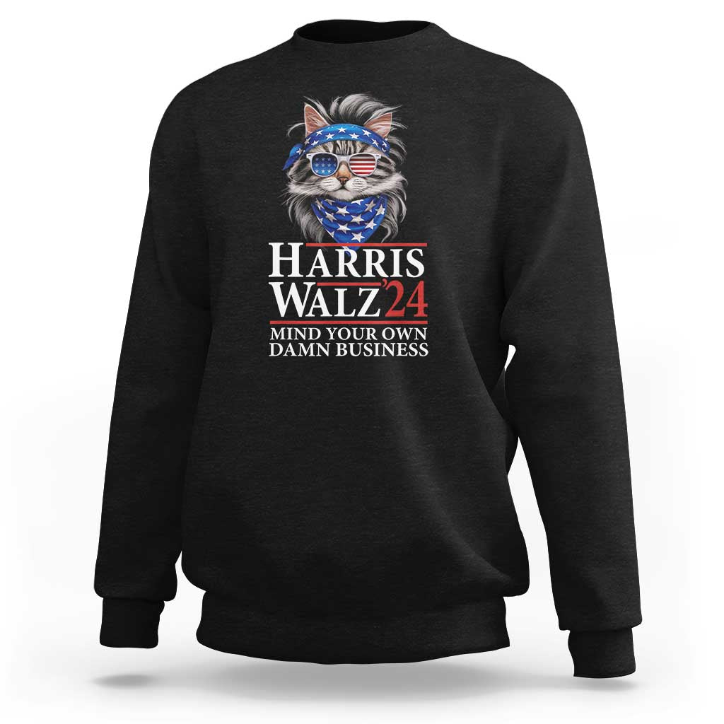 Black crewneck sweatshirt with cat graphic and 'Harris Walz 24' front print