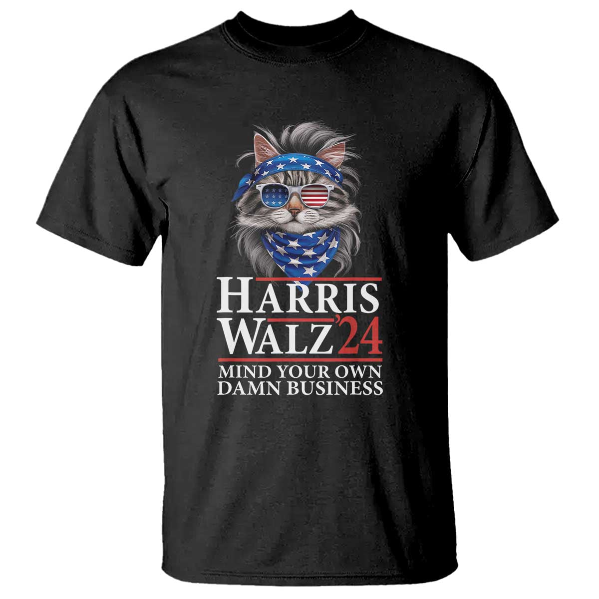Black T-shirt with cat wearing patriotic sunglasses graphic and slogan text