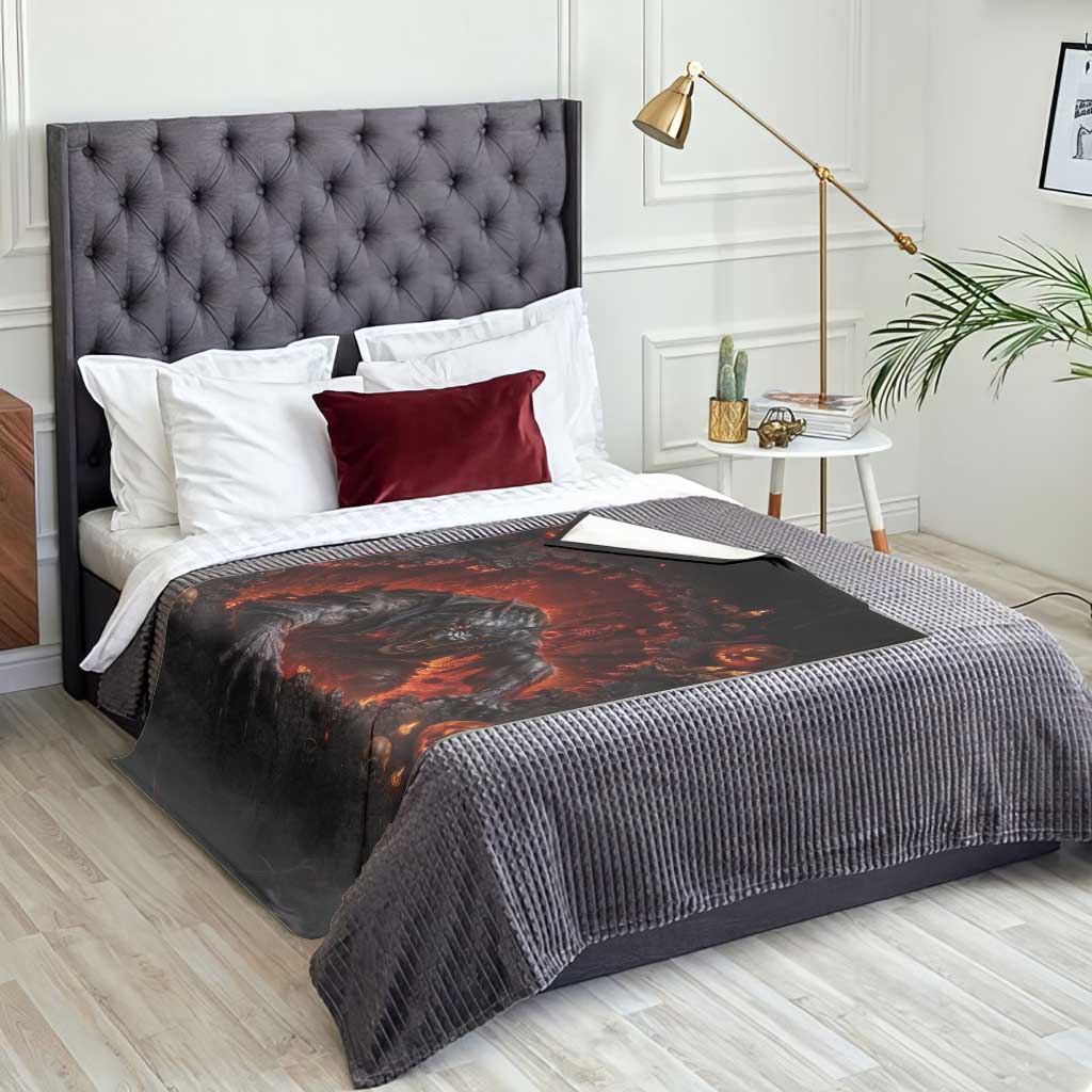 Creepy Werewolf Monster Crawling Out Fiery Pit 3D Halloween Optical Illusion Throw Blanket