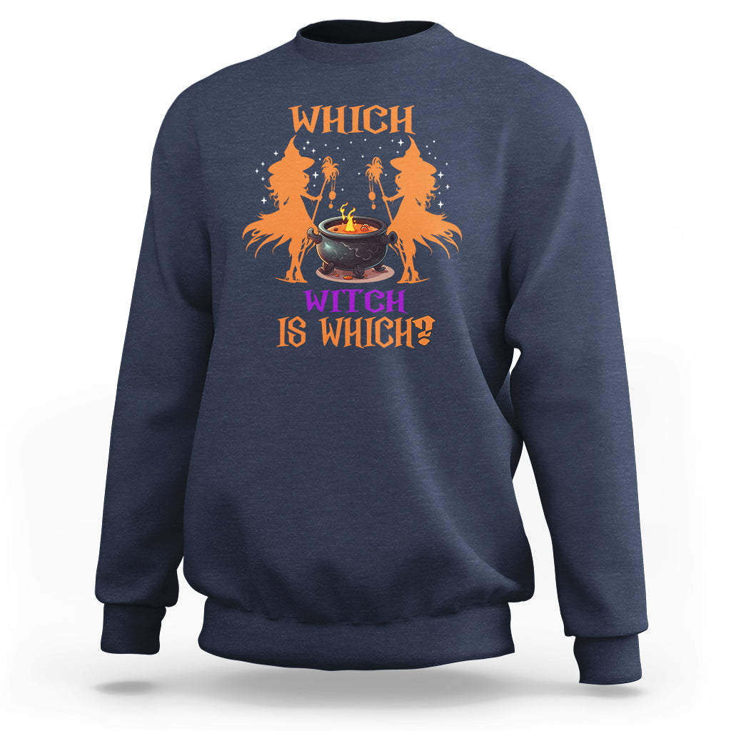 Navy sweatshirt with Halloween graphic: witches around a cauldron, text "WHICH WITCH IS WHICH"
