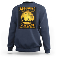 Navy Halloween witch sweatshirt with moon and broomstick graphic and quote.