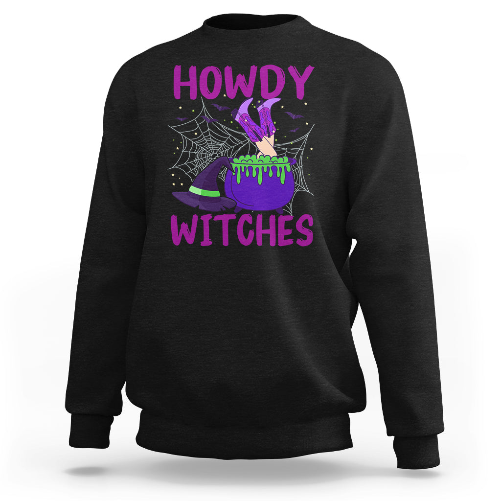 Black Halloween witch sweatshirt with “HOWDY WITCHES” graphic and spiderweb design