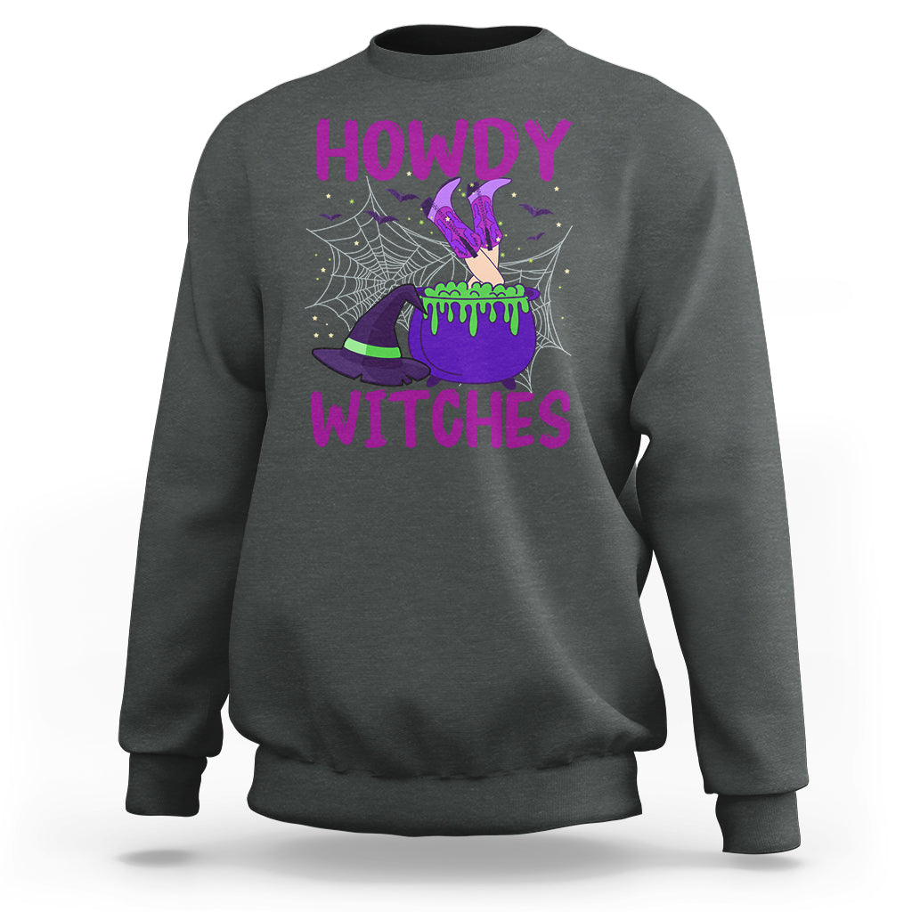 Dark heather gray Halloween witch sweatshirt with “HOWDY WITCHES” graphic and spiderweb design