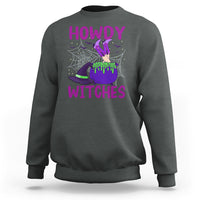 Dark heather gray Halloween witch sweatshirt with “HOWDY WITCHES” graphic and spiderweb design